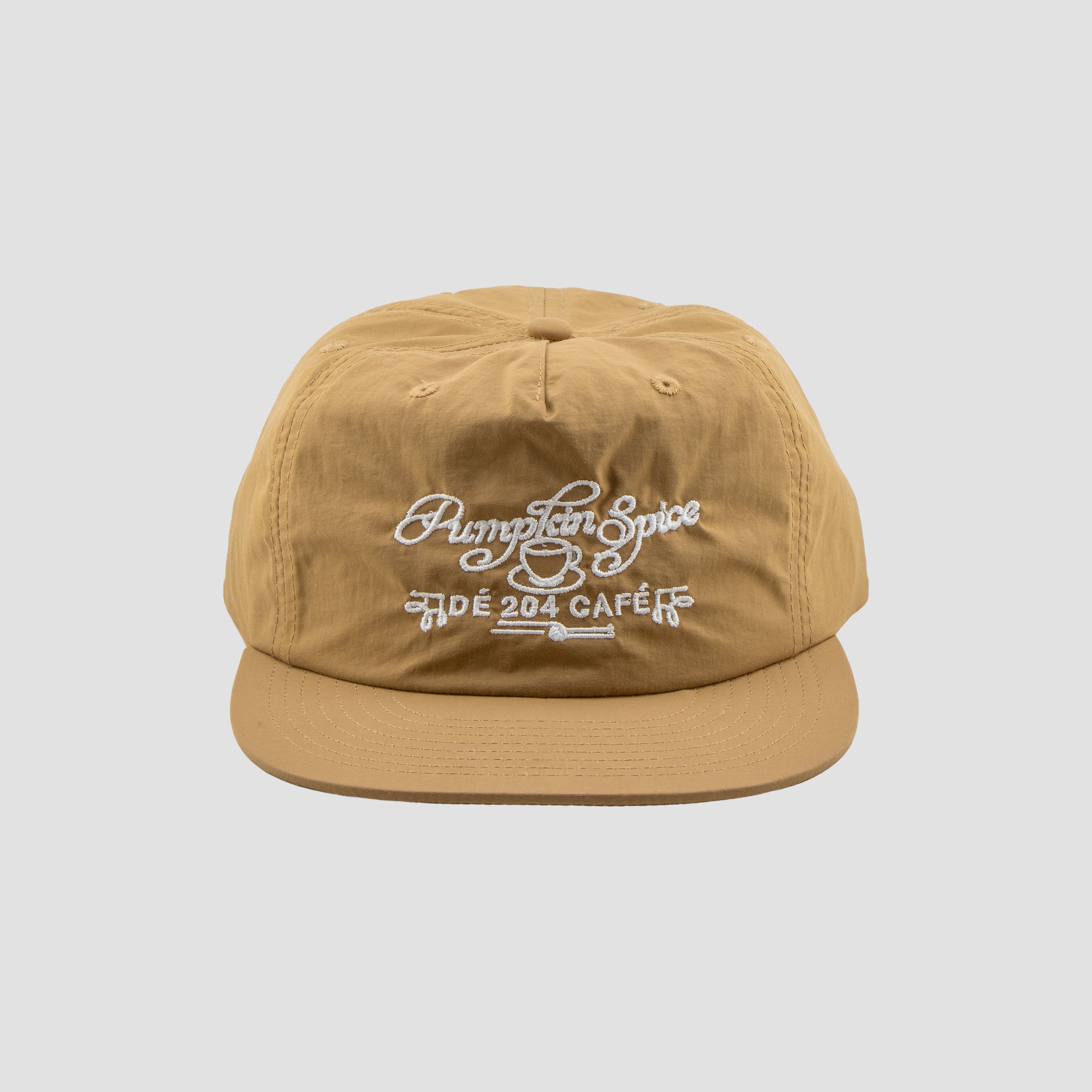 Tan cap with white text on a light gray background