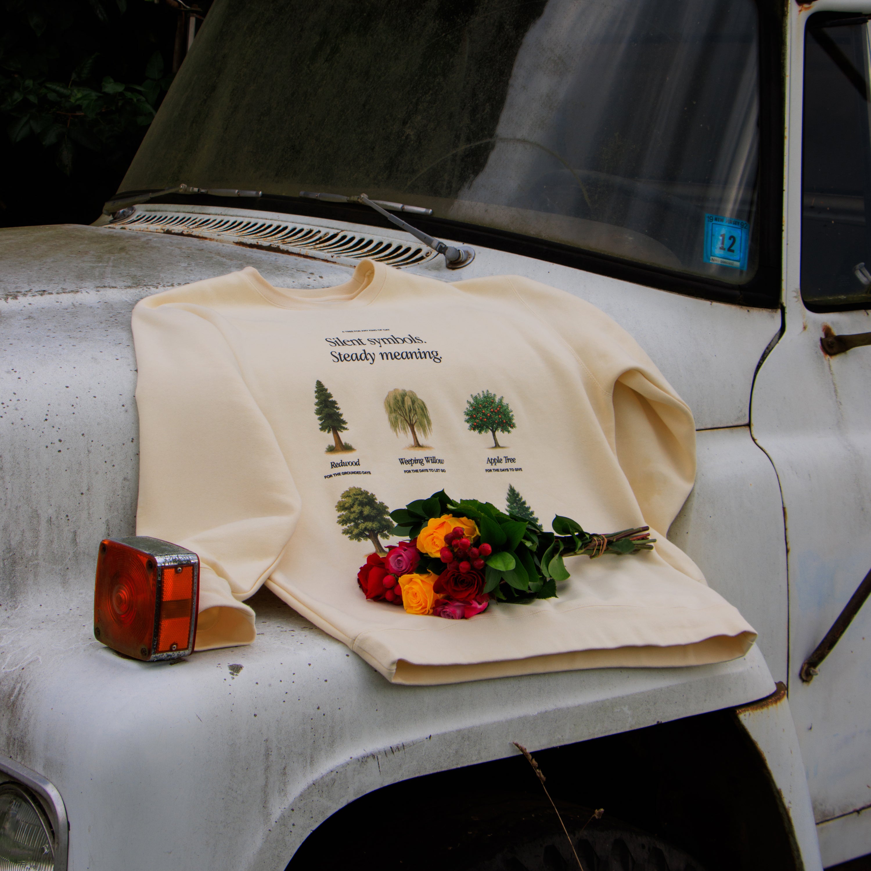 Beige sweatshirt with nature-themed design on a vintage truck