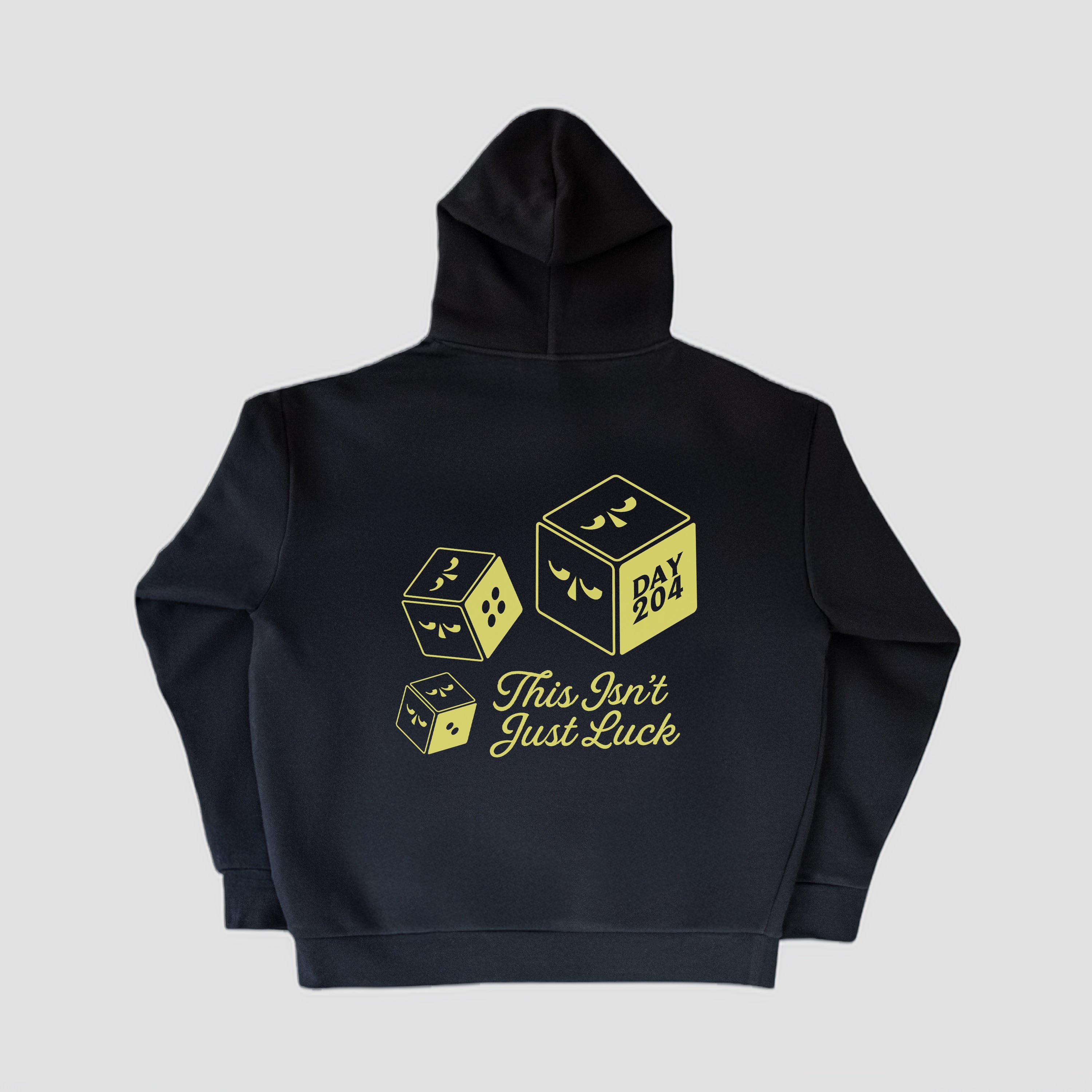 Black hoodie with yellow dice design and text on a gray background