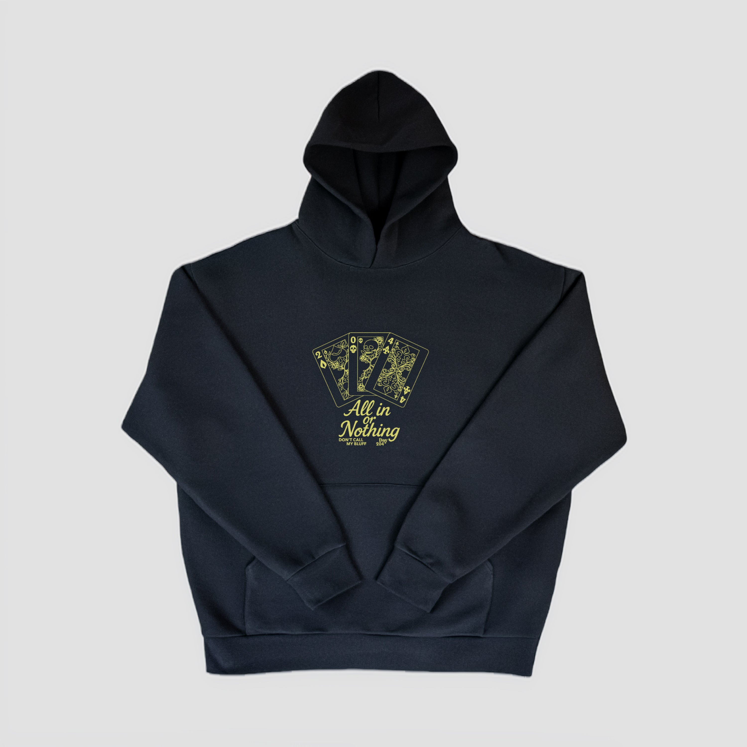 Black hoodie with a graphic design on a light gray background