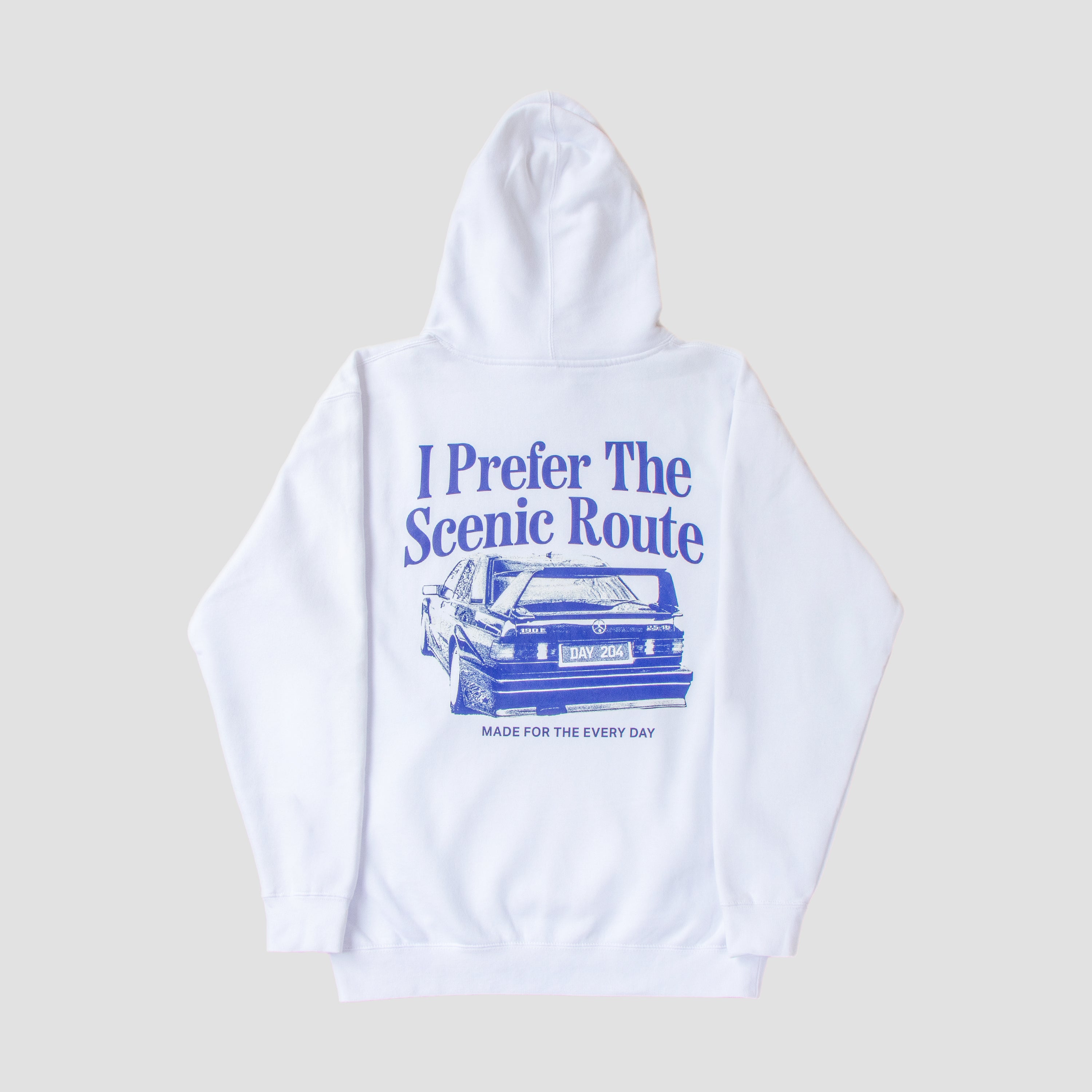 White hoodie with blue text and car graphic on a light gray background