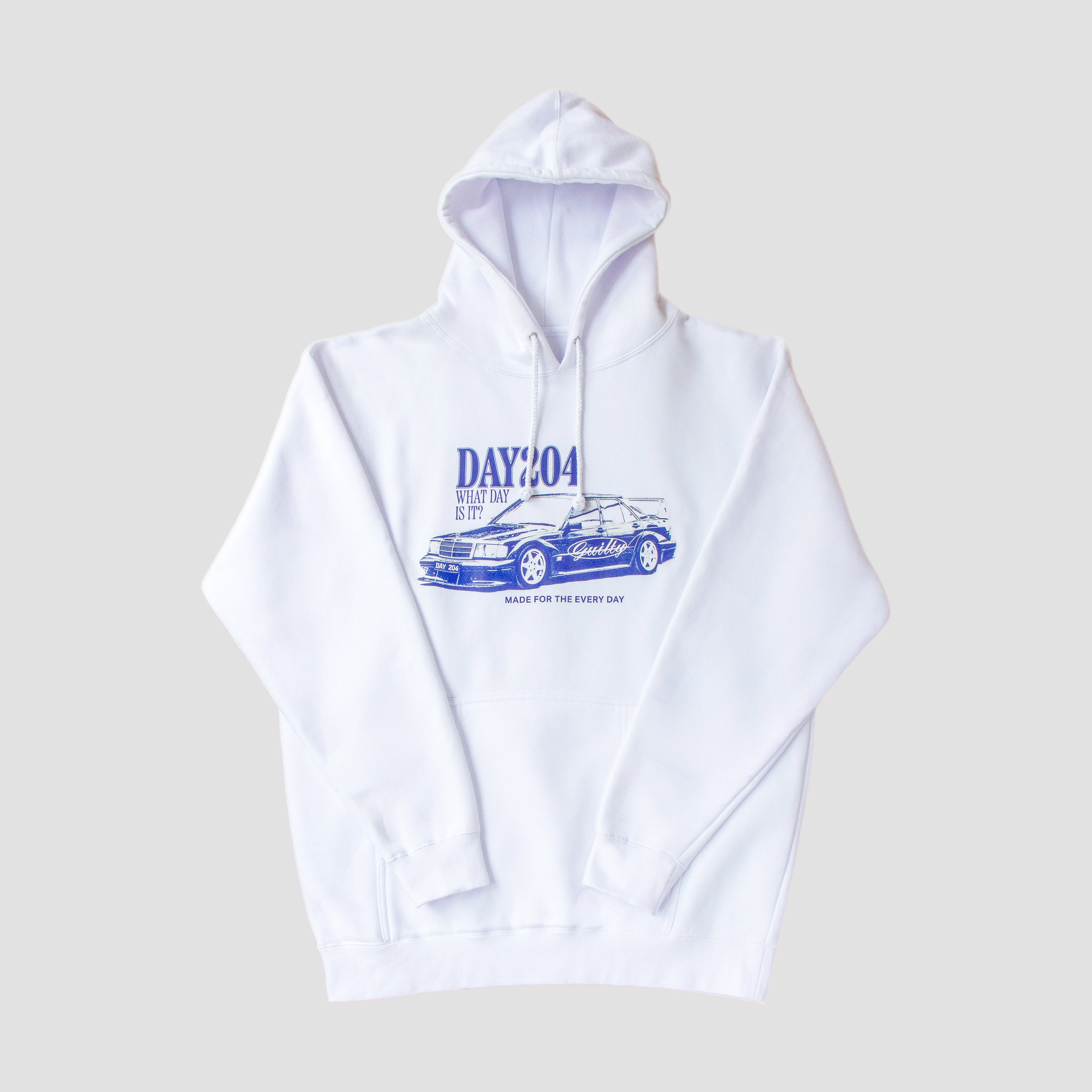 White hoodie with blue graphic and text on a light gray background