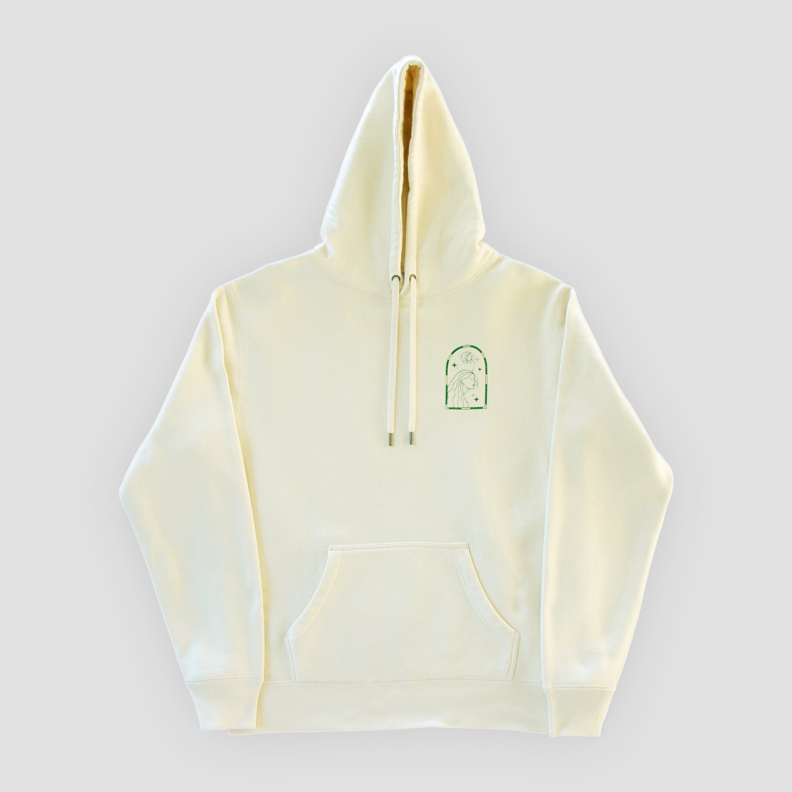 Light yellow hoodie with a green logo on a light gray background