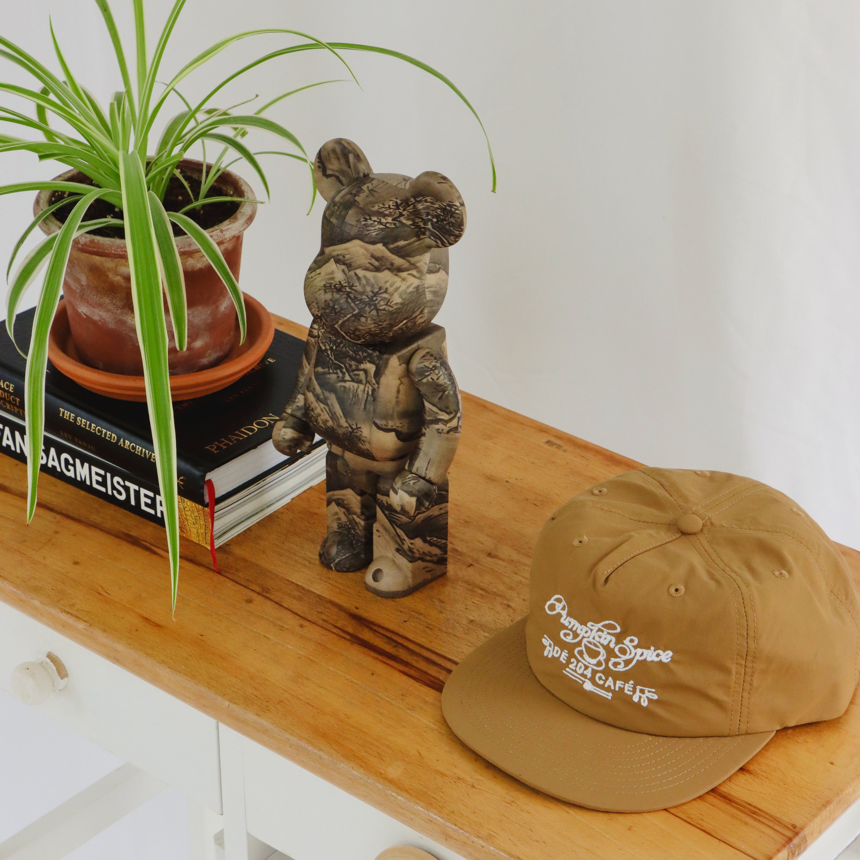 Wooden shelf with a plant, books, and a bear figurine on top